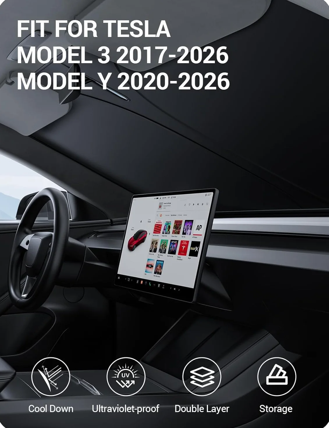 BASENOR Roleta Słońca Do Szklanki Przedniej Tesla Model 3 2017-2026/Model Y 2020-2026, Zwijana Pełne Pokrycie [Srebrna], Ochrona Przed Ciepłem/UV, Akcesoria (Standard/Premium/Wydajność)