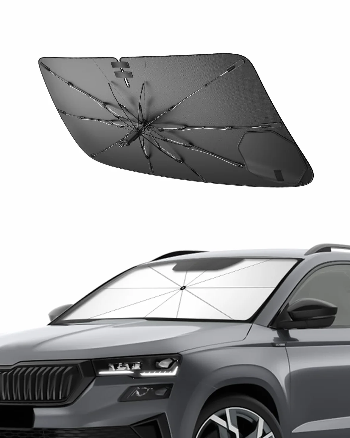 SHAOHAO Osłona przeciwsłoneczna na przednią szybę kompatybilna ze Skoda Karoq 2019-2026, osłona przeciwsłoneczna do samochodów, łatwe przechowywanie, uchwyt sznurka ściągającego, ochrona przed