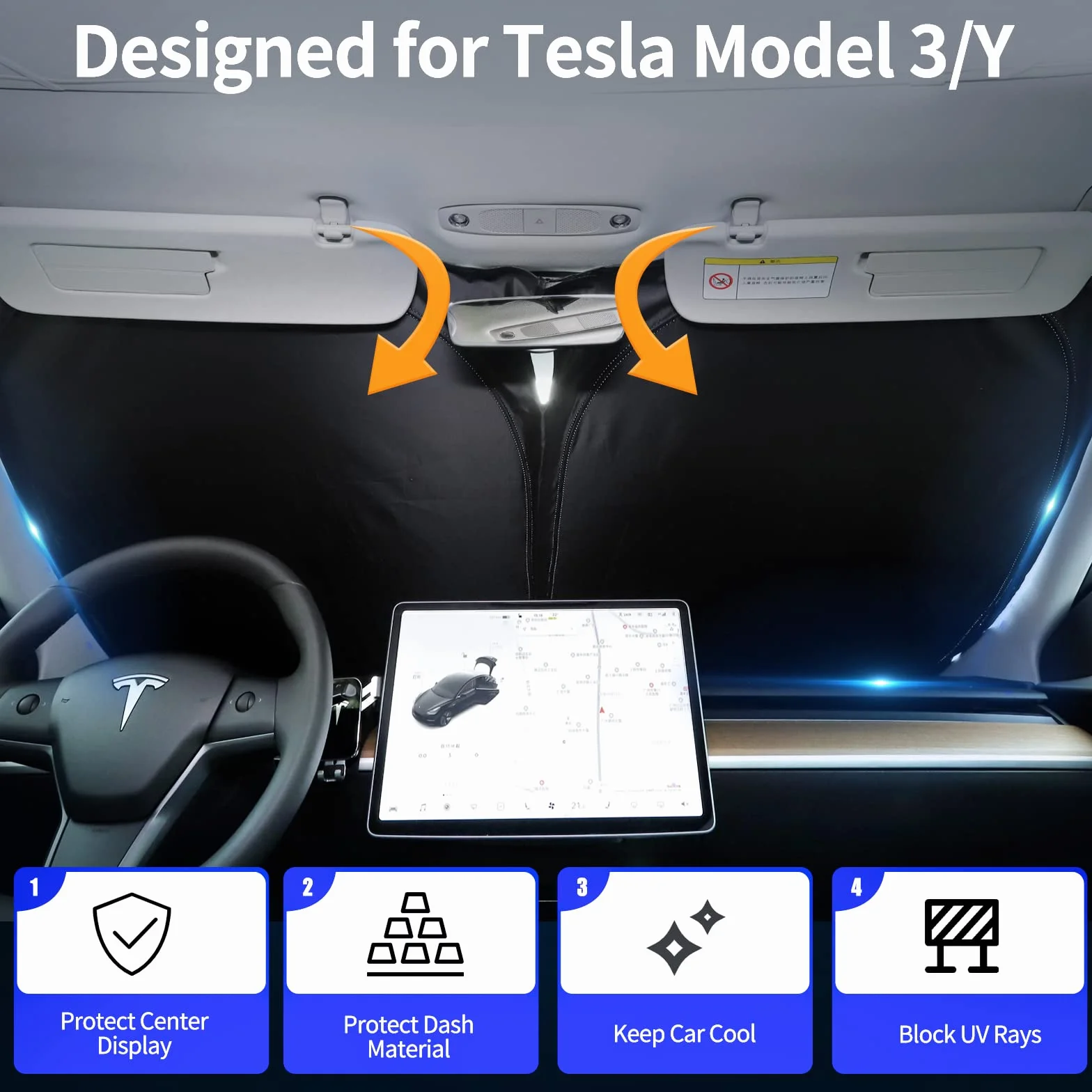 Osłona przeciwsłoneczna zaprojektowana dla Tesla Model 3 Y, przednia szyba, dwuwarstwowa tkanina blokująca światło, składana osłona przeciwsłoneczna z torbą do przechowywania, akcesoria do Tesli