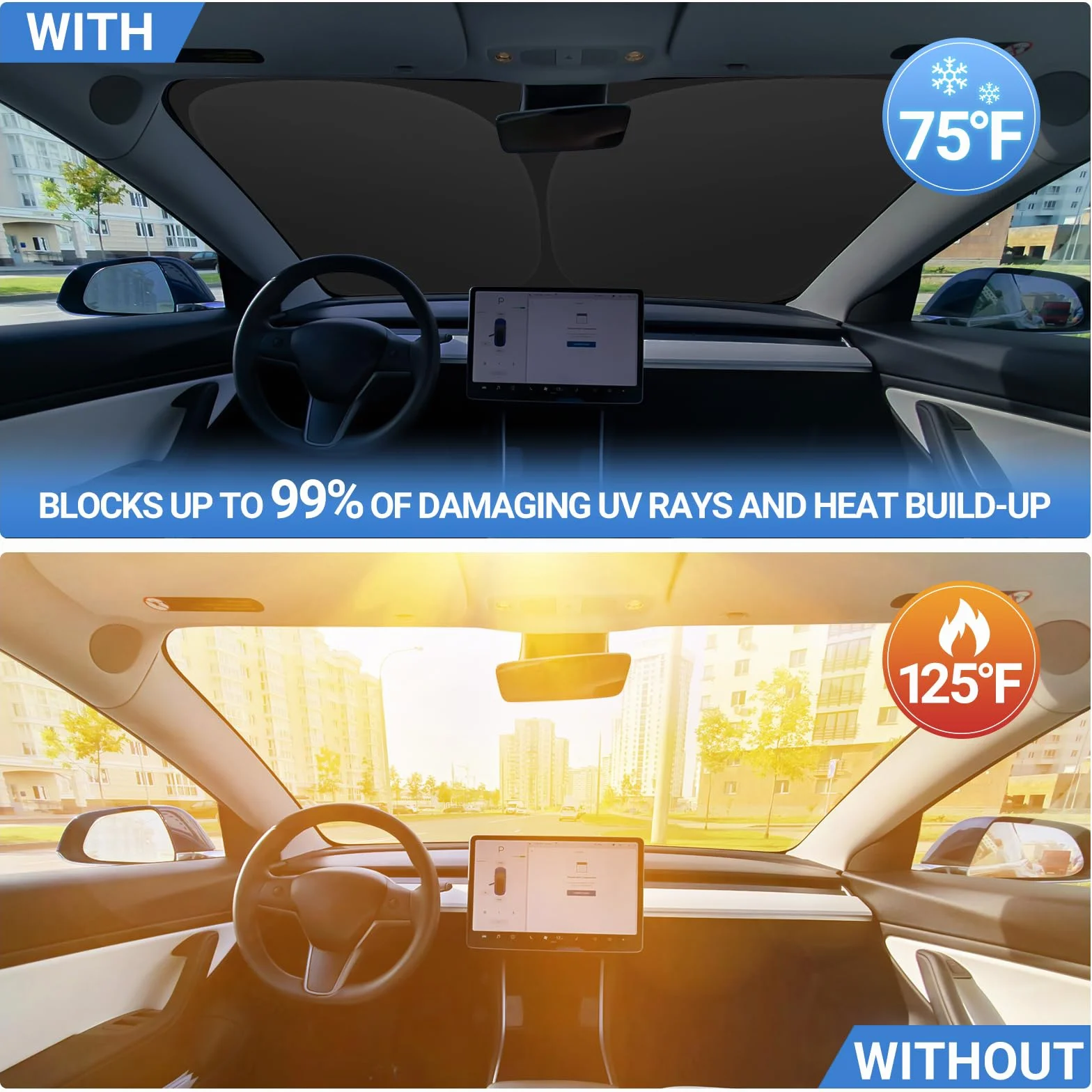 ZATOOTO Osłona przeciwsłoneczna na przednią szybę samochodu do Tesla Model Y Model 3, osłony przeciwsłoneczne na przednie okno, składana osłona przeciwsłoneczna na przednią szybę do Tesli, blokuje