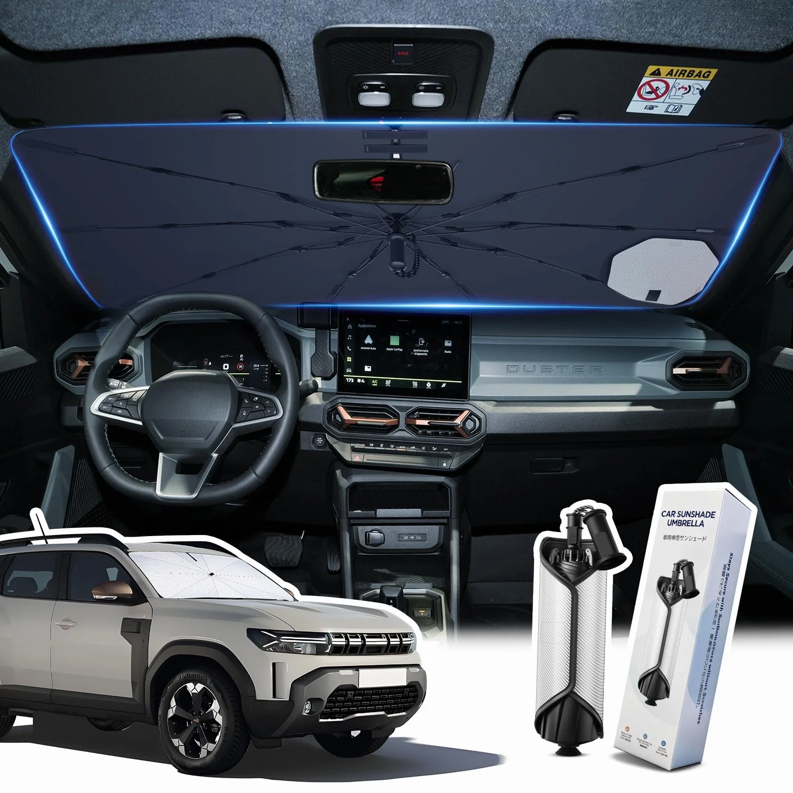 [Ulepszona] Osłona Przeciwsłoneczna na Szybę Dacia Duster 2024-2026, Składana Osłona Blokuje Promienie UV & Ciepło, Ochrona Przed Słońcem Łatwy Instalacja i Składanie