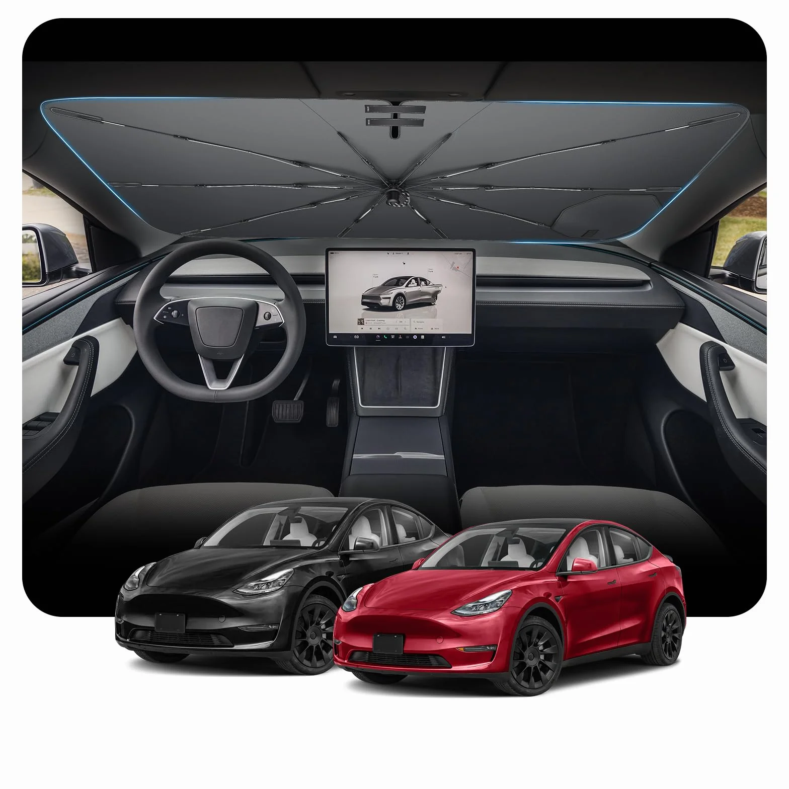 osłona przeciwsłoneczna na przednią szybę do Tesla Model Y 2021-2026, powłoka z nanosilikonu, ochrona przed promieniowaniem UV, ochrona przed wysoką temperaturą, składana ochrona przed słońcem