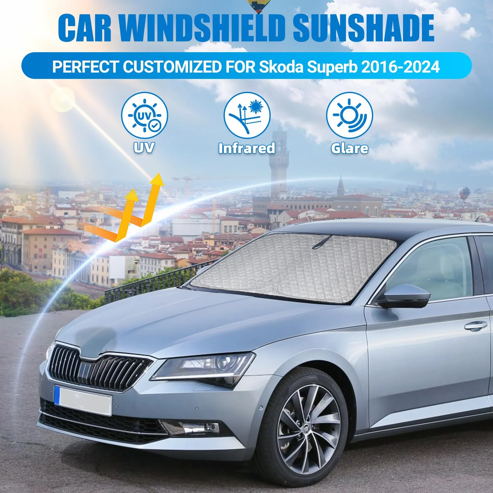 XCBYT Osłona przeciwsłoneczna na przednią szybę samochodu Skoda Superb 2016-2024, pogrubiona osłona przeciwsłoneczna, składana osłona przedniej szyby, ochrona przed promieniowaniem UV