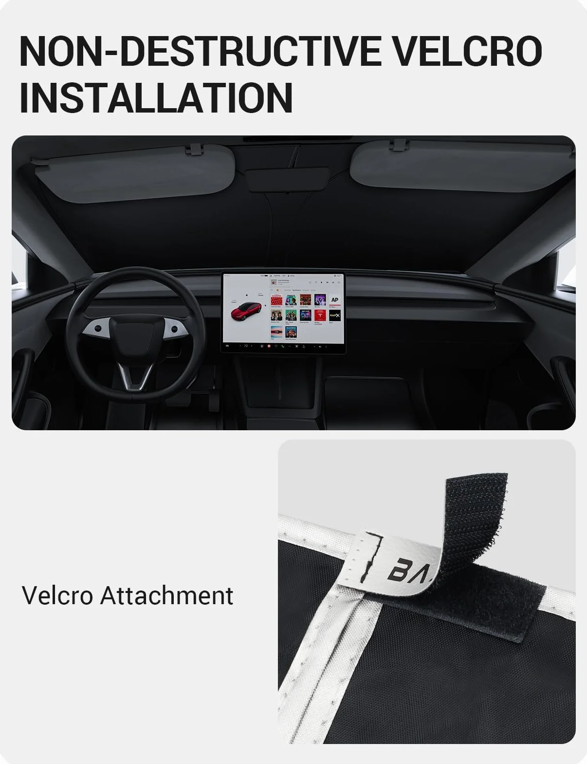 BASENOR Roleta Słońca Do Szklanki Przedniej Tesla Model 3 2017-2026/Model Y 2020-2026, Zwijana Pełne Pokrycie [Srebrna], Ochrona Przed Ciepłem/UV, Akcesoria (Standard/Premium/Wydajność)