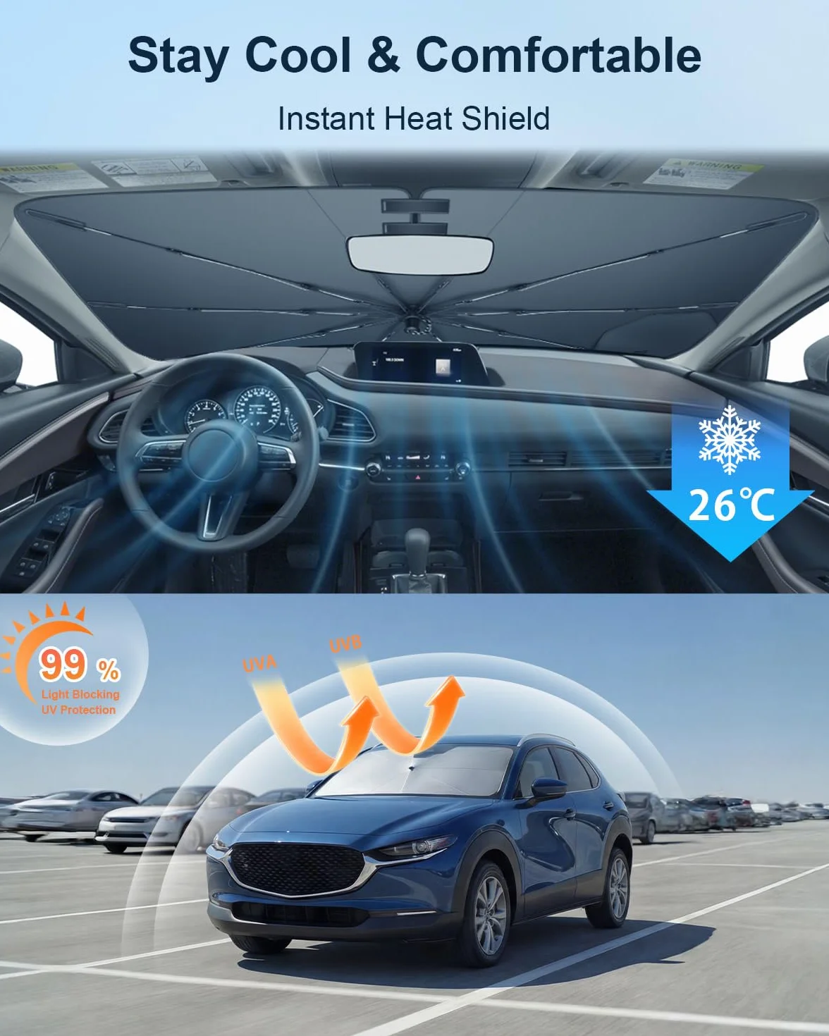BIXUAN Osłona przeciwsłoneczna na przednią szybę samochodową, kompatybilna z Mazda CX30 CX-30 2019-2026, parasol samochodowy, przednia szyba, osłona przeciwsłoneczna, izolacja cieplna, ochrona przed
