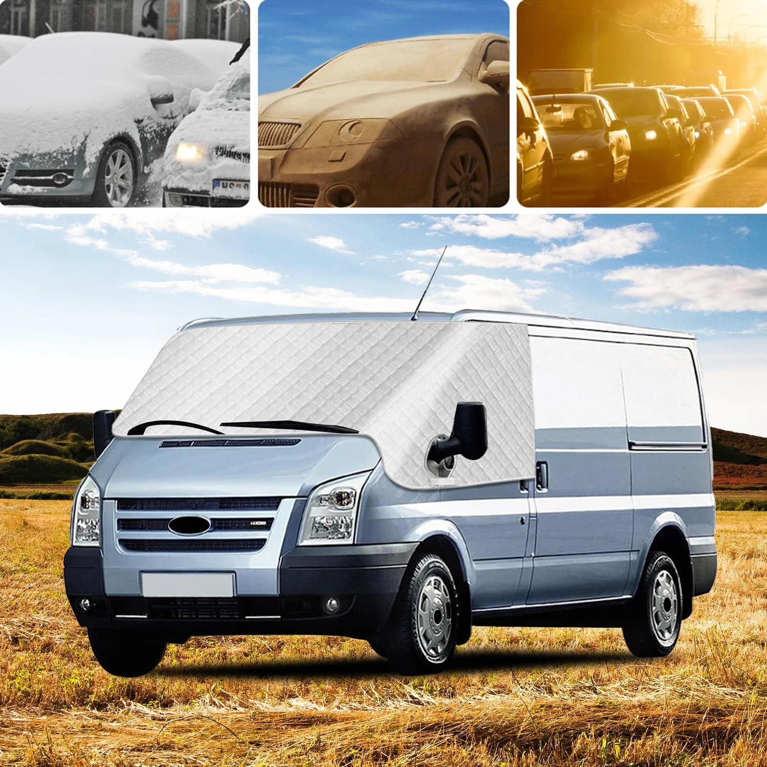 Osłona przedniej szyby kompatybilna z Ford Transit MK7 2000-2014 - Zewnętrzna termiczna osłona samochodu kempingowego, przednia szyba osłona