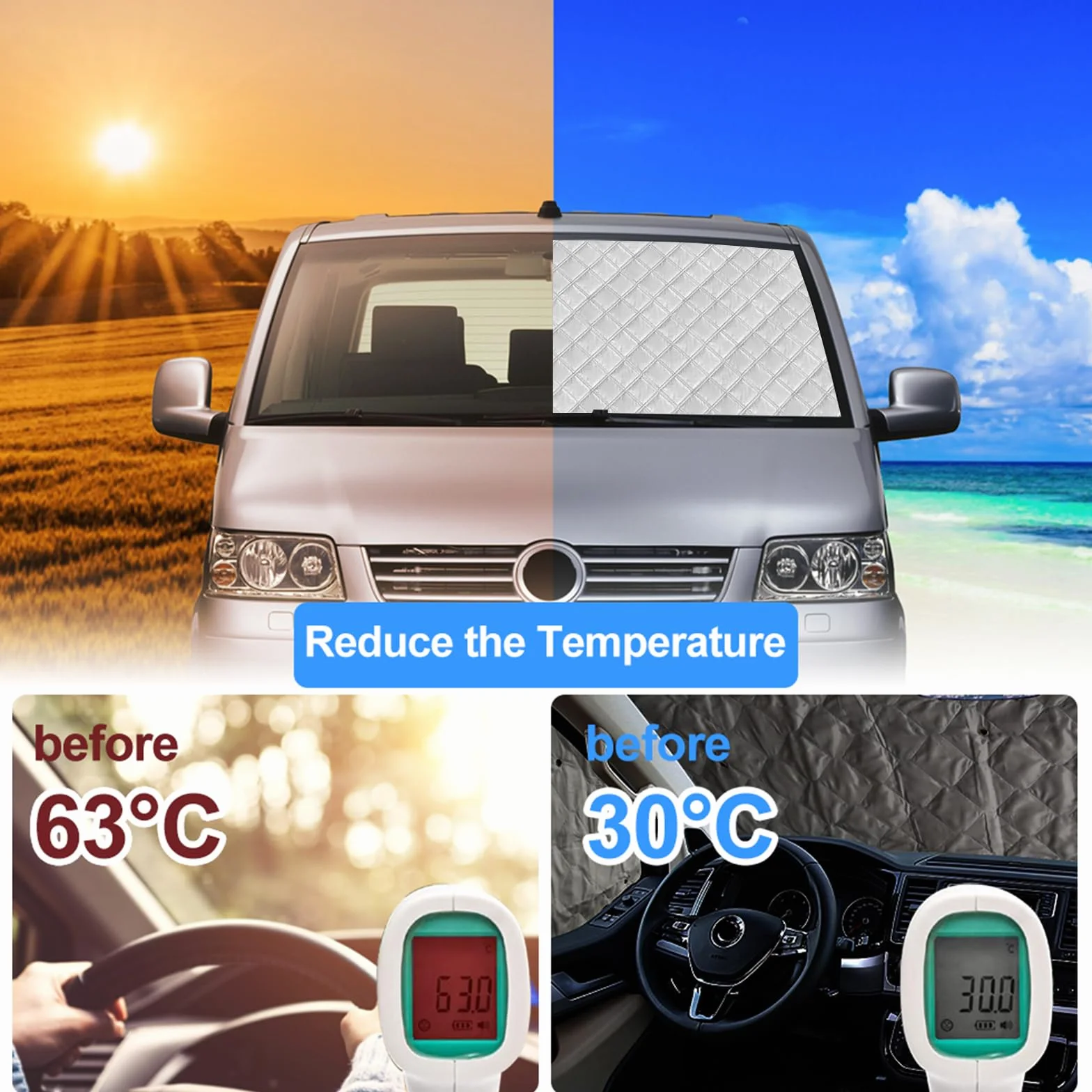 Osłona przeciwsłoneczna na przednią szybę samochodu, zamiennik do VW T5 T6 SWB, 8 szt. osłona przeciwsłoneczna, zestaw ochronny przedniej szyby, wewnętrzna termiczna żaluzja okienna z torbą do