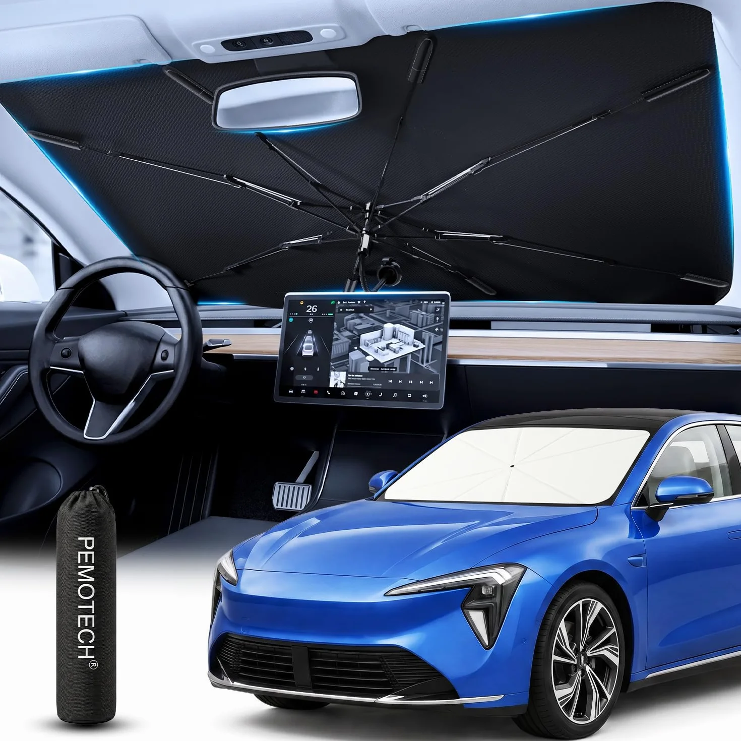 PEMOTech Parasol przeciwsłoneczny na przednią szybę samochodu, 7 warstw nanopowłoka: 10 żeber z włókna szklanego: składana osłona przeciwsłoneczna na przednią szybę, ochrona wnętrza samochodu, osłona