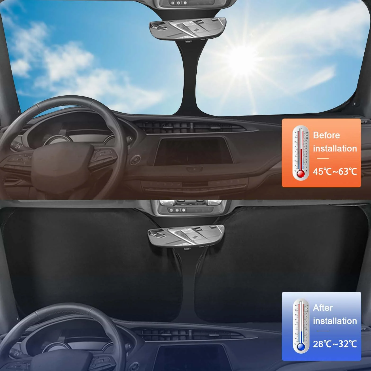 Osłona przeciwsłoneczna na przednią szybę samochodu, zamiennik do Volvo XC60 2018-2024, składana ochrona przed słońcem na przednią szybę samochodu, blokuje 99% UVR i utrzymuje chłód pojazdu