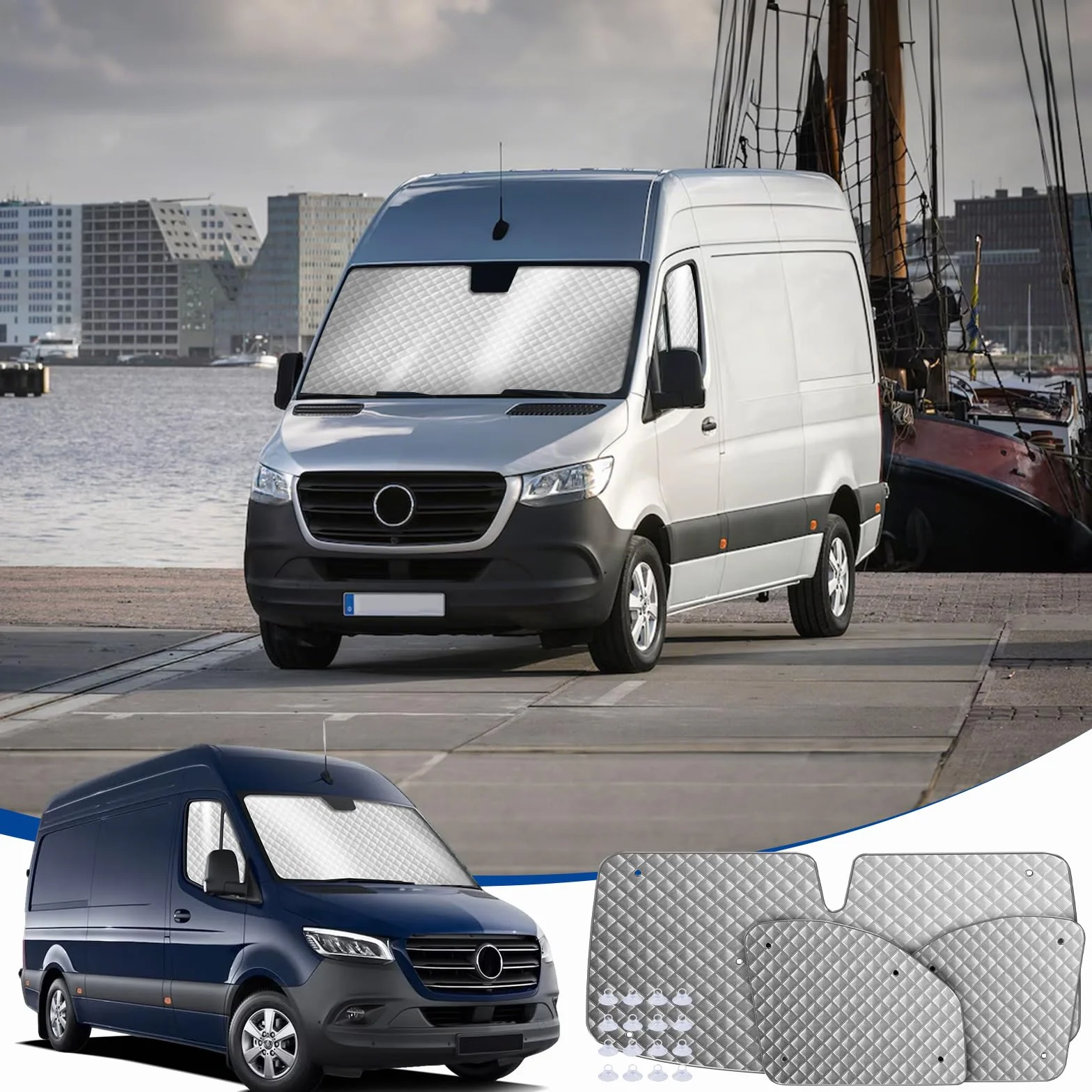 MaxAwe 3-częściowy zestaw mat termicznych do kabiny kierowcy, pasuje do Mercedesa Sprinter 19-24, luksusowa wewnętrzna osłona przeciwsłoneczna na przednią szybę, zestaw żaluzji termicznych