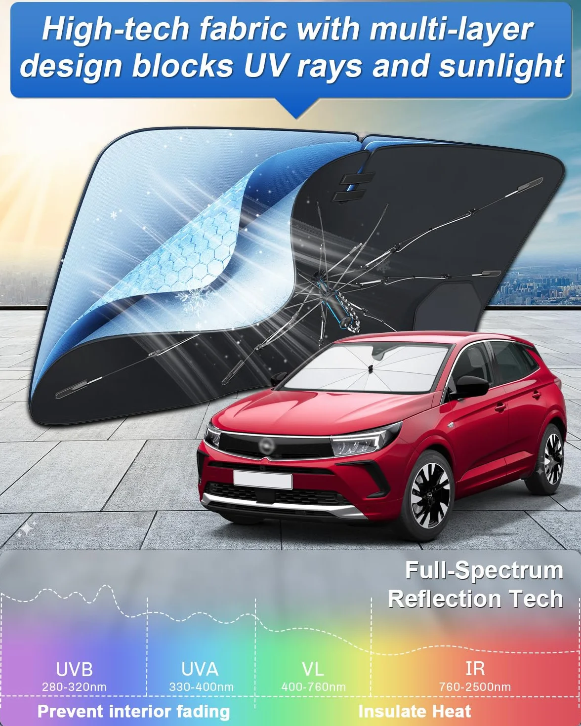 SHAOHAO Osłona przeciwsłoneczna kompatybilna z Opel Grandland 2025/2026, ochrona przed słońcem, łatwe przechowywanie, uchwyt sznurka, ochrona przed promieniowaniem UV, akcesoria