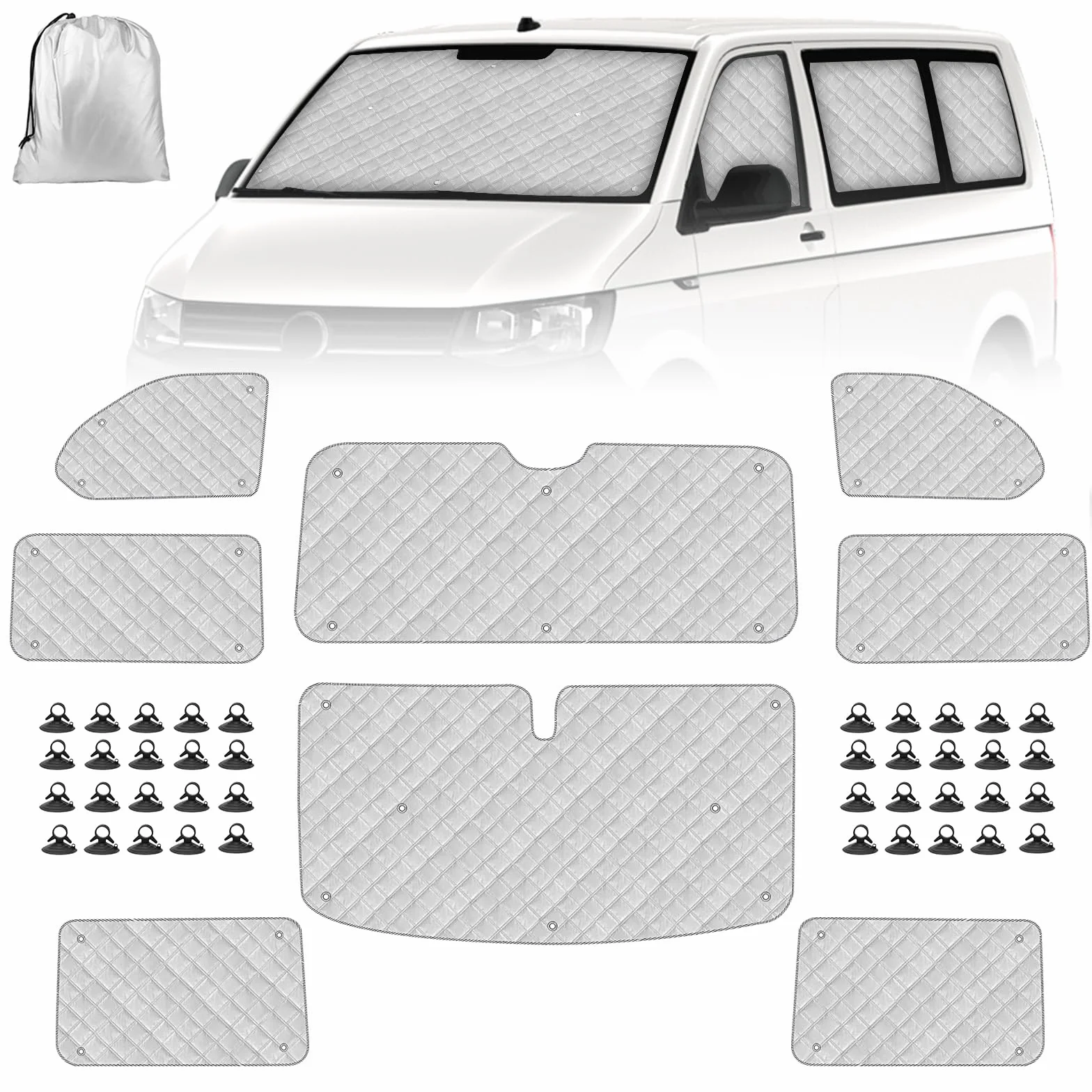 Osłona przeciwsłoneczna na przednią szybę samochodu, zamiennik do VW T5 T6 SWB, 8 szt. osłona przeciwsłoneczna, zestaw ochronny przedniej szyby, wewnętrzna termiczna żaluzja okienna z torbą do