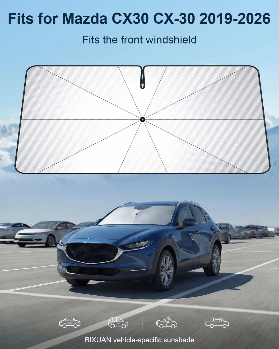 BIXUAN Osłona przeciwsłoneczna na przednią szybę samochodową, kompatybilna z Mazda CX30 CX-30 2019-2026, parasol samochodowy, przednia szyba, osłona przeciwsłoneczna, izolacja cieplna, ochrona przed