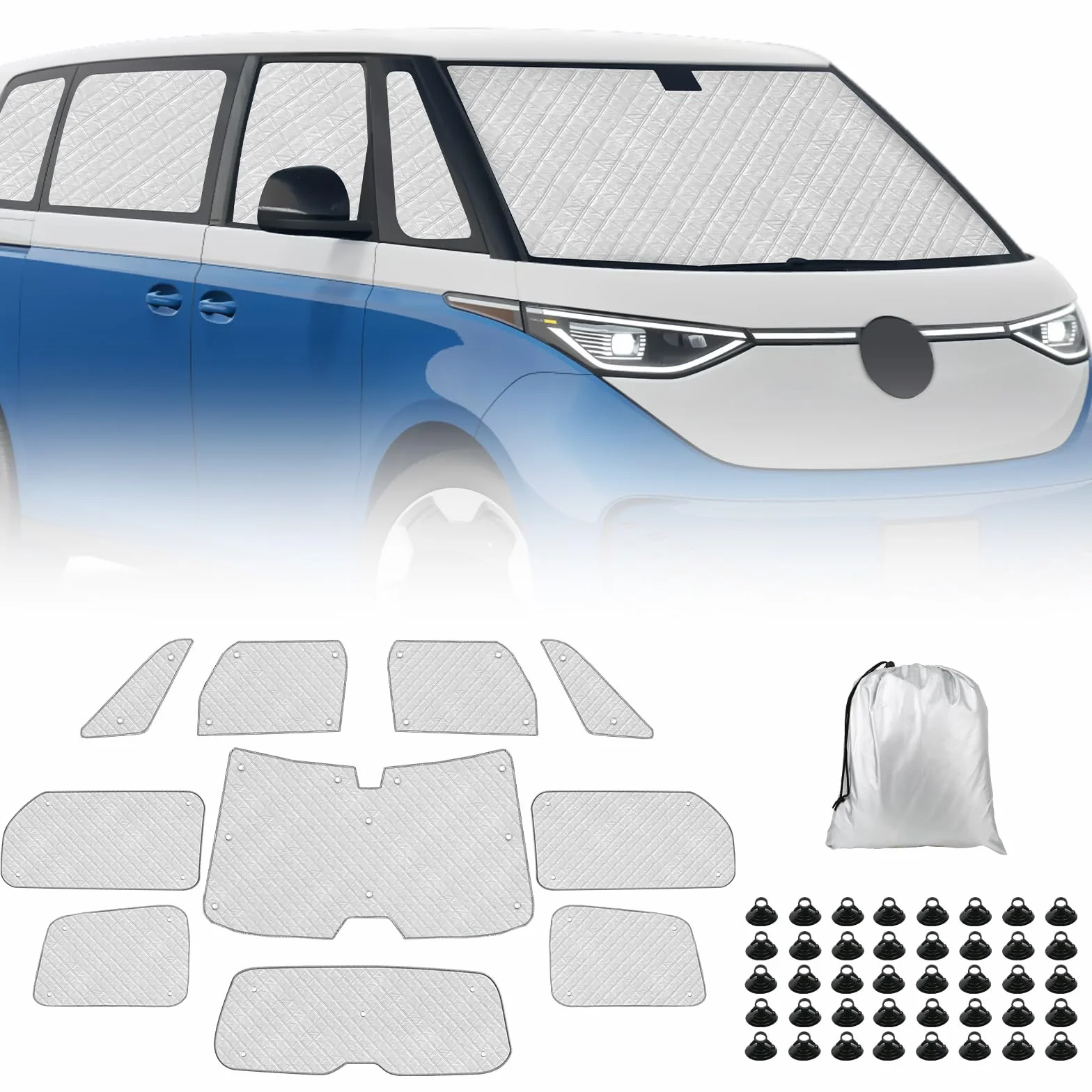 Osłona przeciwsłoneczna na przednią szybę kompatybilna z VW ID Buzz 2022-2026 LWB, 10 sztuk Zestaw ochraniaczy przedniej szyby, zestaw okien termicznych do wnętrza z torbą do przechowywania