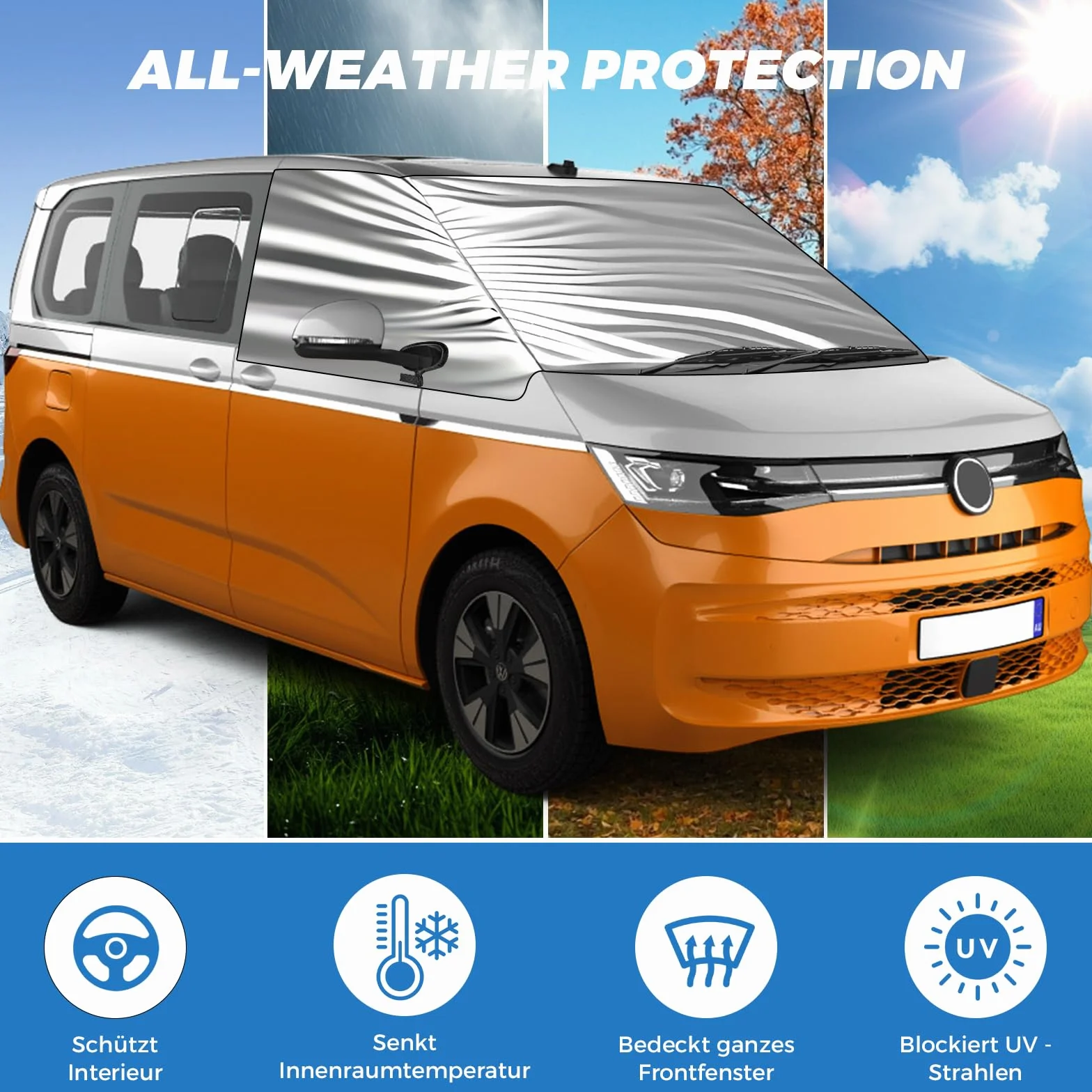 Osłona przedniej szyby Wrap Cover zamiennik dla VW Caravelle/Transporter/Multivan T7, luksusowa srebrna osłona przedniej szyby, składana osłona przeciwsłoneczna przedniej szyby, maty termiczne