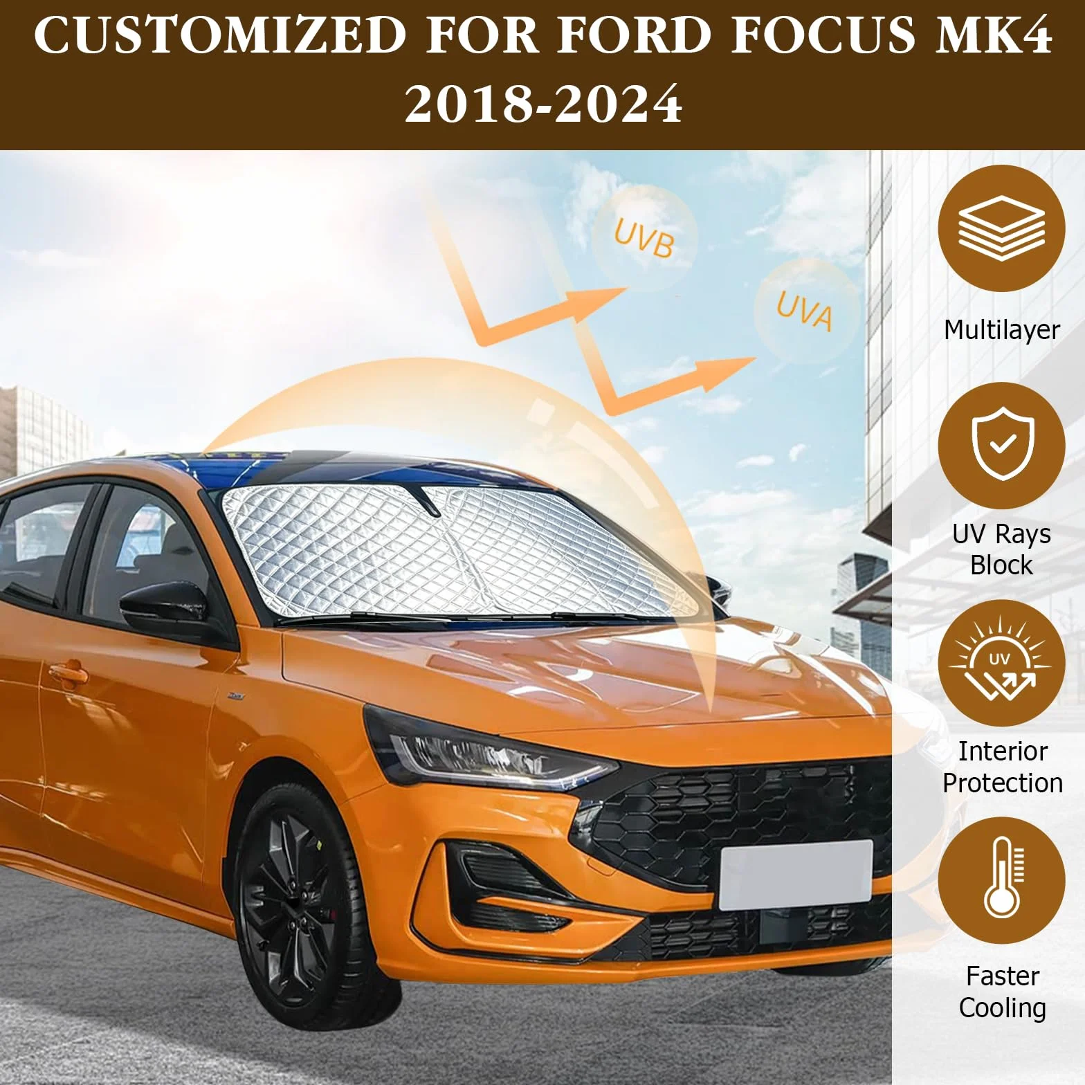 Osłona przeciwsłoneczna na przednią szybę samochodu, pasująca do Ford Focus MK4 2018-2024, pogrubiona, składana szyba przednia do samochodu, osłona przeciwsłoneczna z przodu, ochrona przed