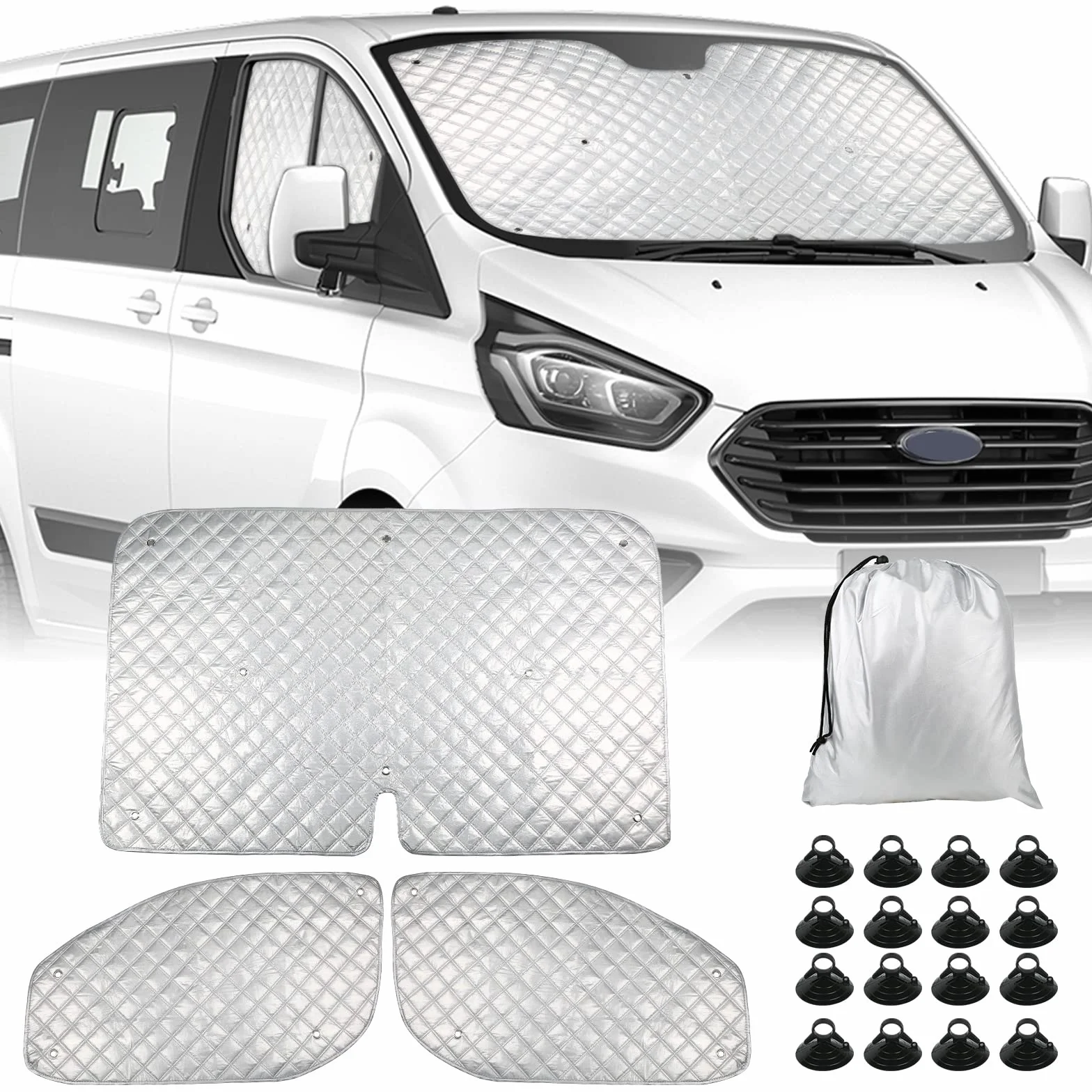 Osłona przeciwsłoneczna na przednią szybę samochodu, zamiennik do Ford Transit Custom 2012-2022, 3 sztuki, zestaw ochrony przed słońcem, wewnętrzna mata termiczna z torbą do przechowywania, 100%