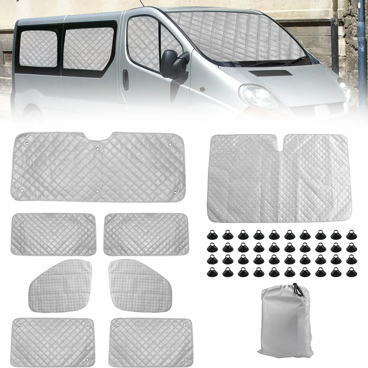 8 SZT. Termomaty technologiczne zamiennik dla Renault Trafic SWB 2001-2014, zamiennik dla Opel Vivaro SWB 2001-2014, aluminiowa składana osłona przeciwsłoneczna, osłona przeciwsłoneczna na przednią