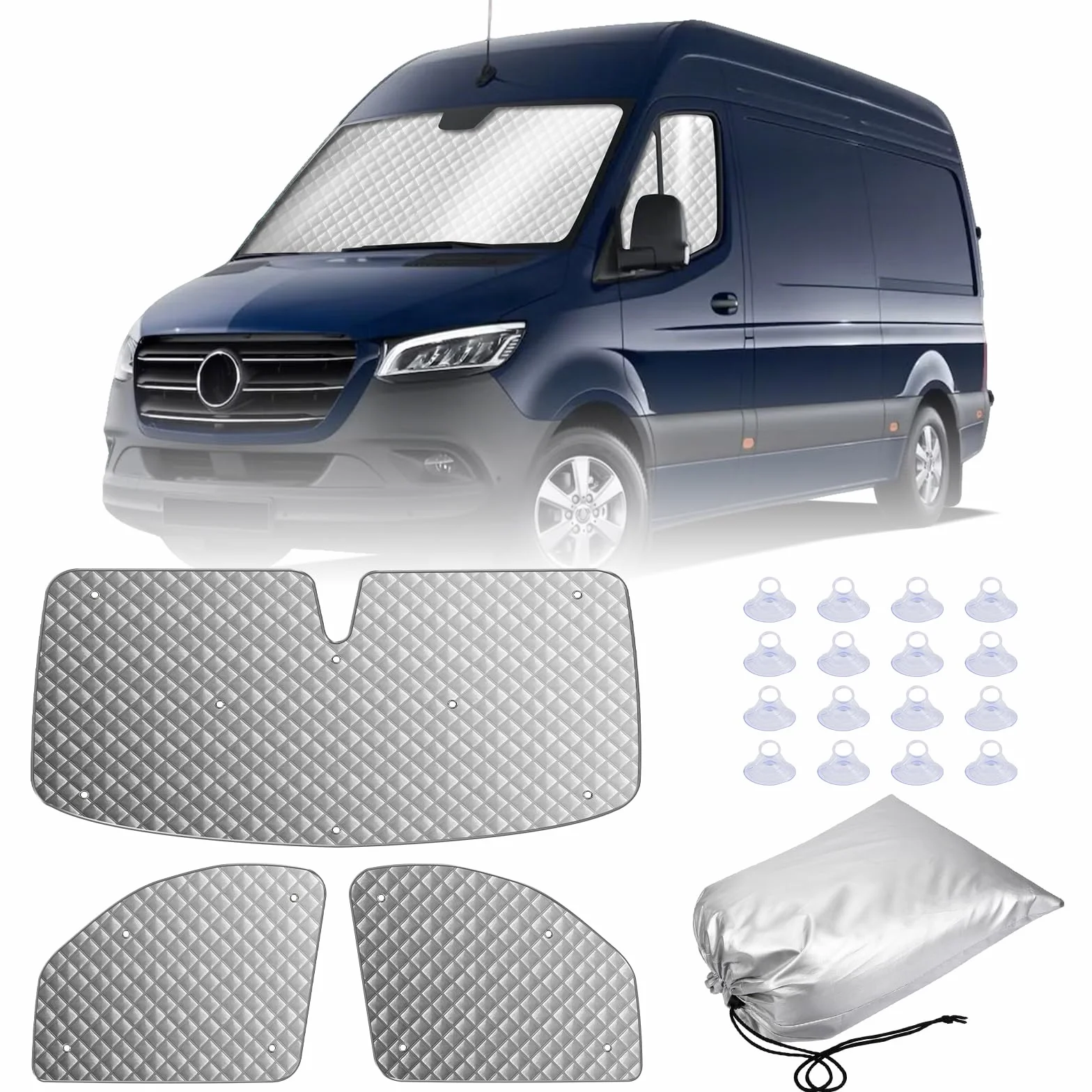 MaxAwe 3-częściowy zestaw mat termicznych do kabiny kierowcy, pasuje do Mercedesa Sprinter 19-24, luksusowa wewnętrzna osłona przeciwsłoneczna na przednią szybę, zestaw żaluzji termicznych