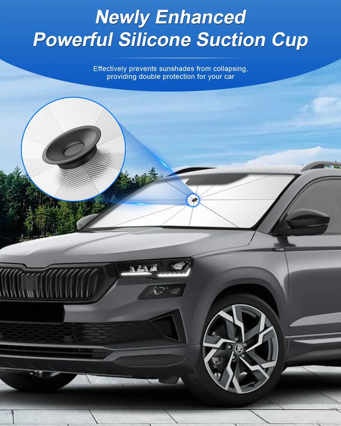 SHAOHAO Osłona przeciwsłoneczna na przednią szybę kompatybilna ze Skoda Karoq 2019-2026, osłona przeciwsłoneczna do samochodów, łatwe przechowywanie, uchwyt sznurka ściągającego, ochrona przed