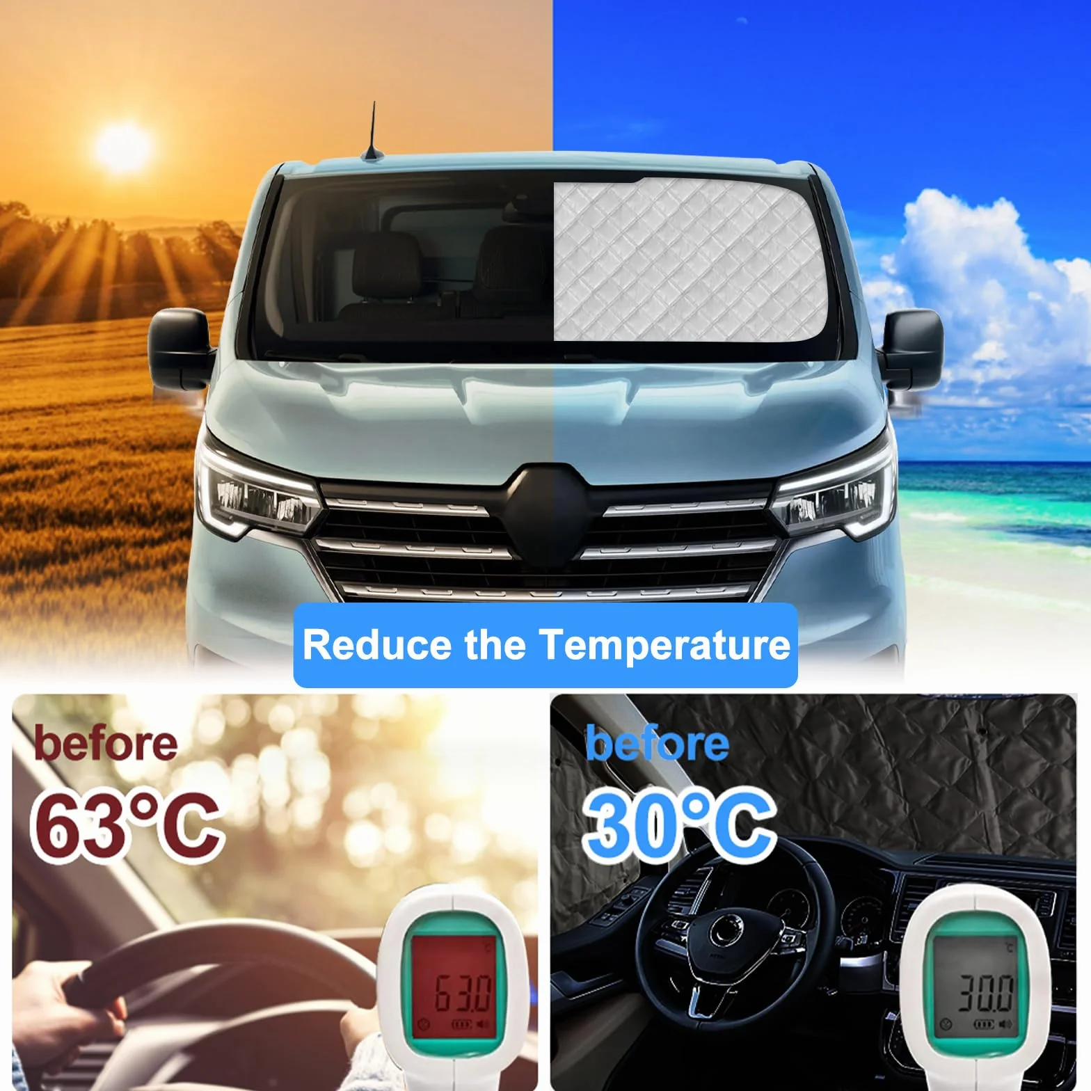 Osłona przeciwsłoneczna na przednią szybę samochodu kempingowego, zamiennik do Renault Trafic SWB, ochrona przed słońcem do przedniej szyby z torbą do przechowywania, 100% zamknięcia, 8 sztuk
