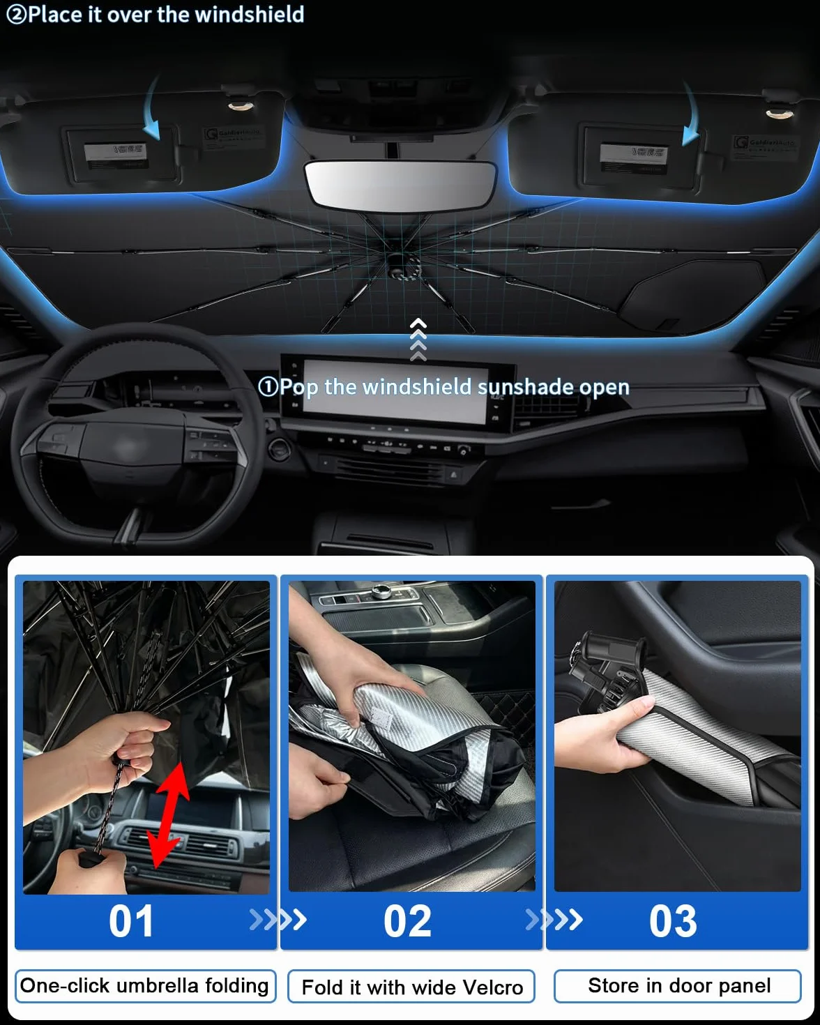 SHAOHAO Osłona przeciwsłoneczna kompatybilna z Opel Grandland 2025/2026, ochrona przed słońcem, łatwe przechowywanie, uchwyt sznurka, ochrona przed promieniowaniem UV, akcesoria