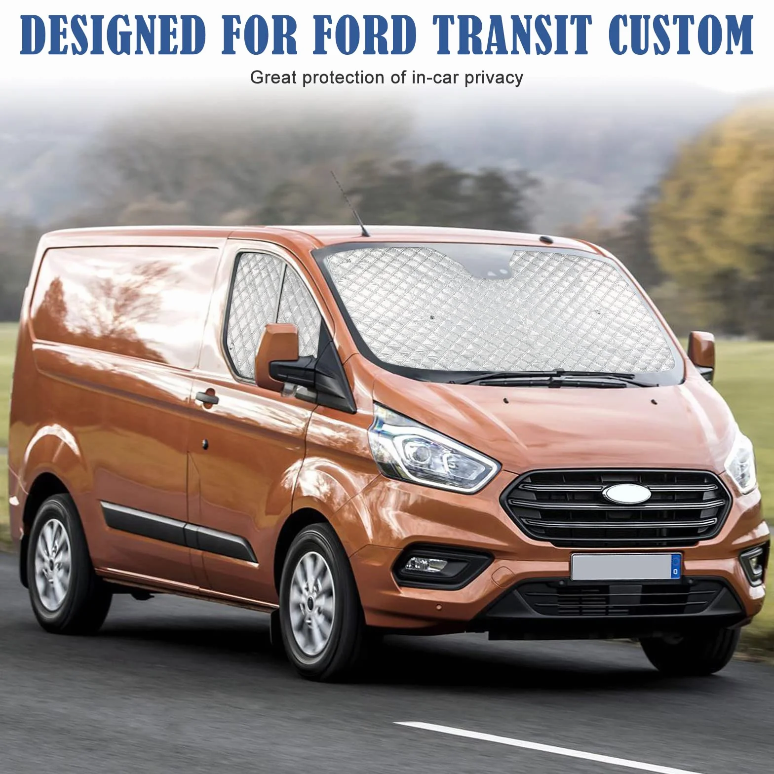 Osłona przeciwsłoneczna na przednią szybę samochodu, zamiennik do Ford Transit Custom 2012-2022, 3 sztuki, zestaw ochrony przed słońcem, wewnętrzna mata termiczna z torbą do przechowywania, 100%